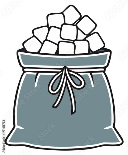 Cartoon Bag Overflowing with White Sugar Cubes with Tie Closure, Culinary Sweetener Ingredient