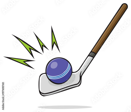 Cartoon illustration of a mini golf club hitting a blue ball