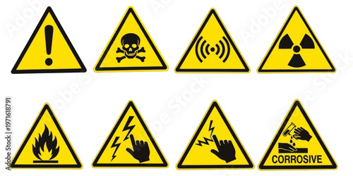 Collection of eight yellow triangular hazard warning signs with black symbols indicating various dangers such as general caution, toxic, radiation, flammable, electric shock, and corrosive materials.