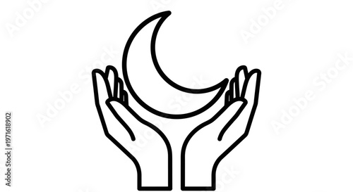 Caring hands gently cradling a crescent moon in an outline illustration, isolated white background.