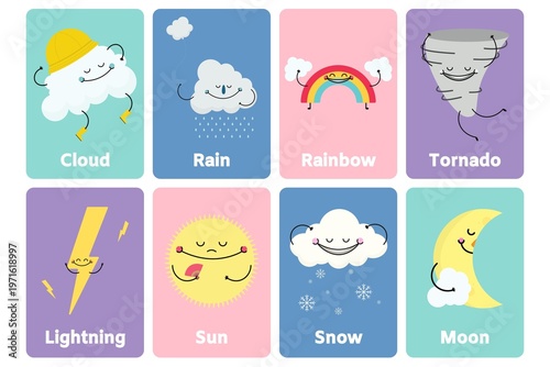 A colorful educational poster featuring cartoon weather icons for kids