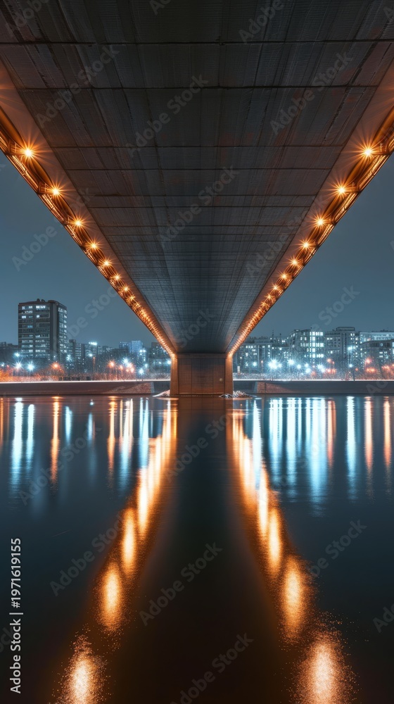 Fototapeta premium Illuminated bridge at night reflecting on calm water