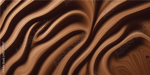 A luxury dark brown chocolate background featuring a smooth liquid texture with flowing silk waves and shiny gold swirls in a soft satin material design