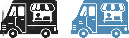 Food truck icon with street vendor vehicle in flat and silhouette styles
