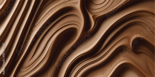 Abstract dark chocolate background with a liquid gold swirl and flowing silk waves creating a soft brown satin texture for an elegant wallpaper design