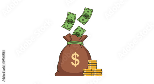 Money falling into a bag with coins stacked below