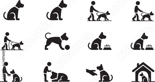 Black silhouette icons of dogs and their owners in various activities and emotions