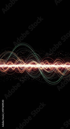 Dynamic abstract visualization of synchronized wave frequencies generating energy flow and harmonious resonance, light, physics, synchronized
