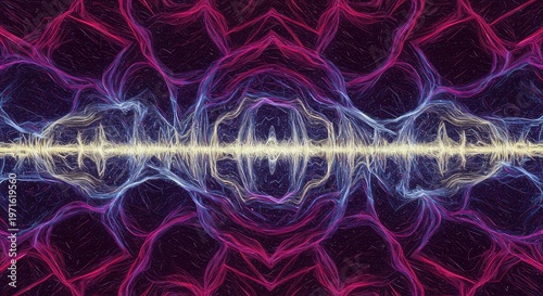 Abstract visualization of overlapping frequencies creating a dynamic, vibrating geometric surface pattern suitable for modern design projects, acoustics, abstract, modern