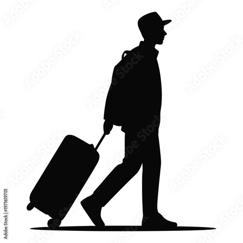 A traveler walking with rolling luggage depicted as a dark dramatic silhouette