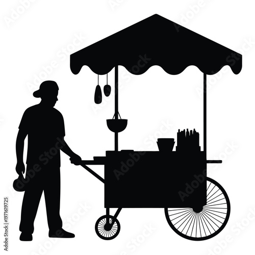 A black silhouette depicts a street vendor selling food from a small cart with an awning silhouette
