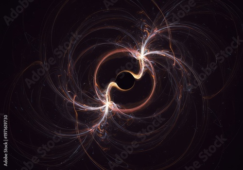 Abstract visualization of gravitational pull and distorted cosmic space. Dark energy field background representing theoretical physics and mass attraction, gravity, light, banner