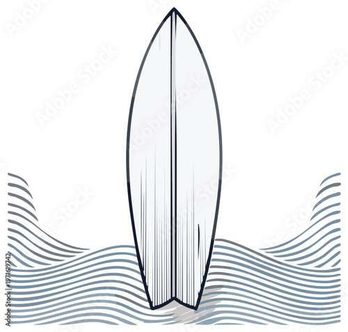 Stylized Surfboard Artwork with Ocean Waves Simple Beach Life Vector Design Sports Recreation Aquatic Leisure Minimalist Illustration
