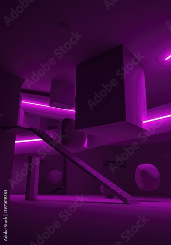 A bizarre architectural space featuring impossible floating structures and vivid purple lighting, suggesting a deep, distorted, dreamlike dimension, purple, design, banner