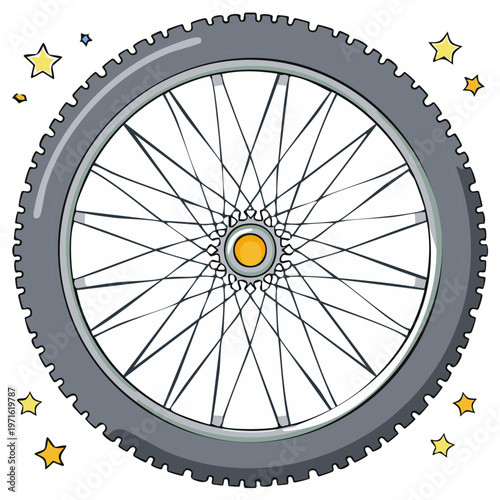 Cartoonish bicycle tire with spokes and stars around the wheel, illustration