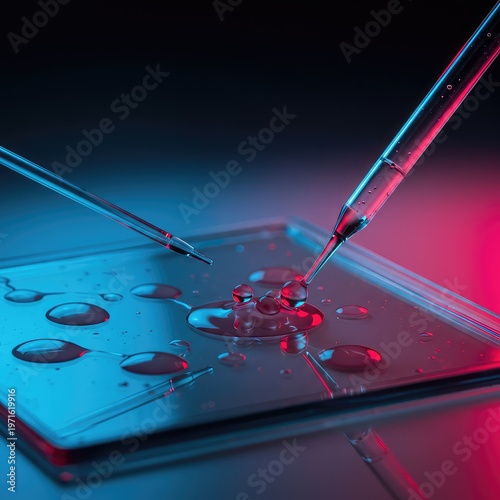 Scientific preparation for an experiment involving molecular movement and spreading across a sterile substrate. Starting area is clean, initial, spreading, analysis