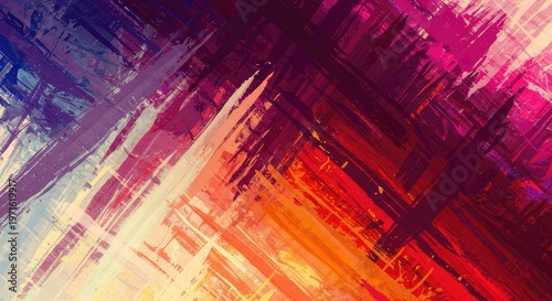 A highly dynamic, textured abstract artwork utilizing broad, expressive brushstrokes and a complex interplay of primary and secondary colors, expressionist, creative, contrast