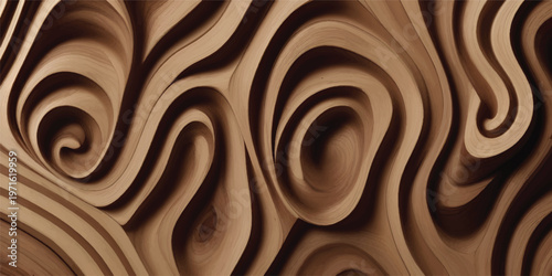 Close-up of beautifully carved wooden surface with wave patterns. The warm tones and intricate textures create a visually appealing abstract artwork