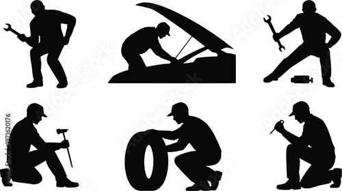 Silhouettes of mechanics in various poses.