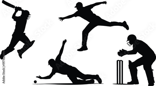 Silhouettes of cricket players in action.