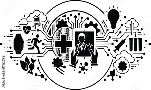 Two hands holding a tablet with icons of health-related information and technological elements, symbolizing e-health, telemedicine, and digital healthcare innovations.