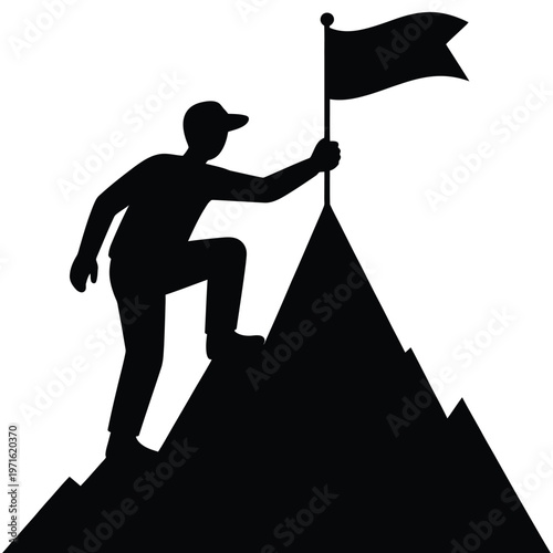 A determined figure reaches the peak of a mountain raising a flag a striking silhouette