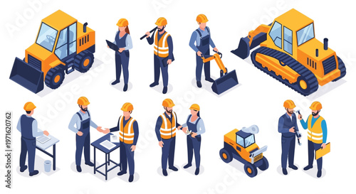Construction workers and heavy machinery in an isometric illustration