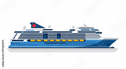 Cruise ship illustration blue and white vessel on white background