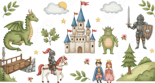 Fantasy Castle and Dragon Illustration Set with Knights, Princesses, Castle, and Magical Elements in Soft Pastel Colors"