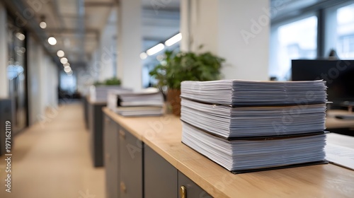 Neatly stacked documents and paperwork on desks in a modern office aisle