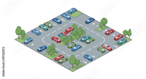 Isometric illustration of a busy parking lot with various colored cars
