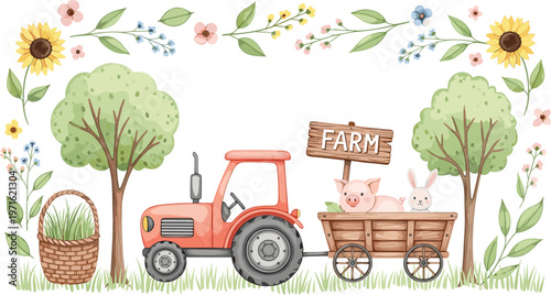 Cute Farm Tractor with Pigs, Bunny, and Flower Border for Kids' Room, Nursery, and Farm Theme Designs