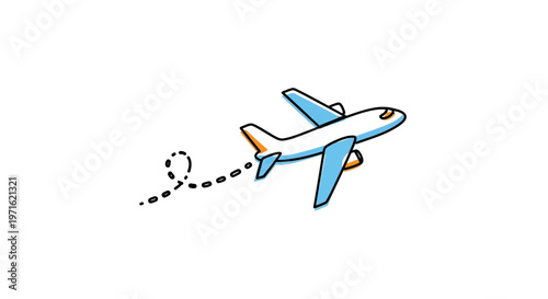 Cartoon style airplane flying with a dashed trail behind it, isolated white background.