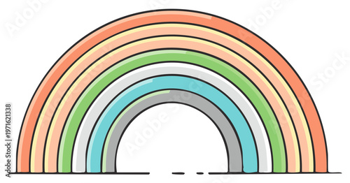 Colorful Arching Rainbow with Soft Hues and Black Outline