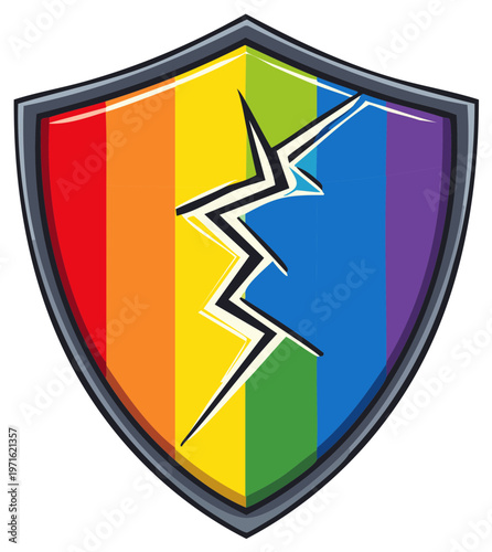 Rainbow Shield with Crack Symbolizing Division, Broken Security and Vulnerability