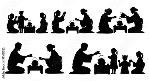 Silhouette illustrations of people serving tea.