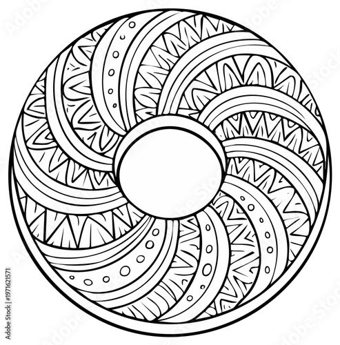 Abstract donut shaped zentangle with intricate patterns for coloring book or art therapy. Illustration with detailed lines.