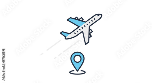 Airplane taking off above location pin icon against white background