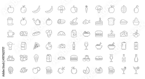 Collection of various food and drink line icons in black and white