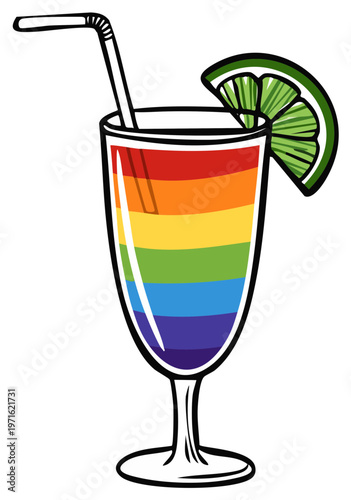 Colorful rainbow layered cocktail with lime wedge and straw illustration