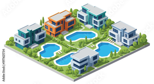 Isometric illustration of modern houses and swimming pools in a landscape