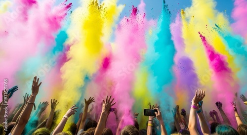 Holi festival celebration color powder explosion and joyful crowd