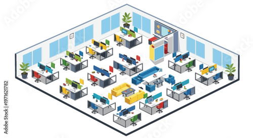 Isometric illustration of a busy modern office workspace with many desks