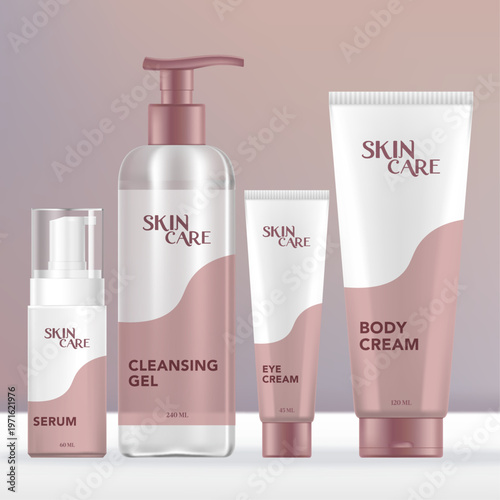 Skincare beauty set with tube, pump bottle, dispenser & tube packaging with minimalistic design