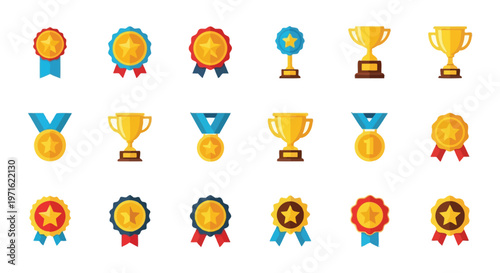 Collection of colorful award ribbons medals and golden trophies