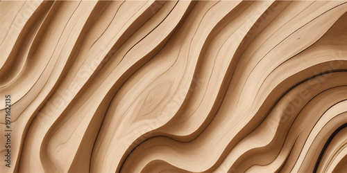 Abstract Waves Carved Wood Texture Background, Wavy Pattern Design, Beige Wooden Surface Decoration