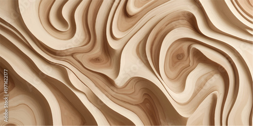 Abstract Waves Carved Wood Texture Background, Wavy Pattern Design, Beige Wooden Surface Decoration