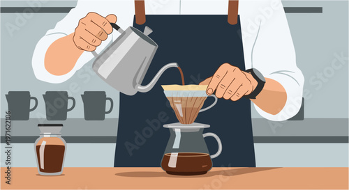 A barista meticulously pours hot water from a gooseneck kettle over coffee grounds in a pour-over dripper, brewing a fresh cup of aromatic coffee.