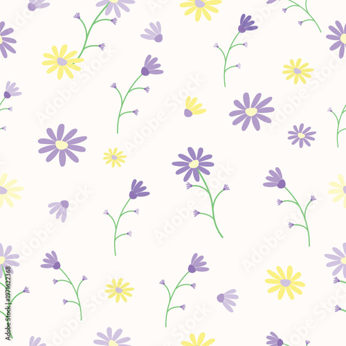 Seamless floral pattern with delicate pastel purple and yellow flowers on a soft light background.Perfect for textiles, wrapping paper, fabric, wallpaper, packaging, and surface design.