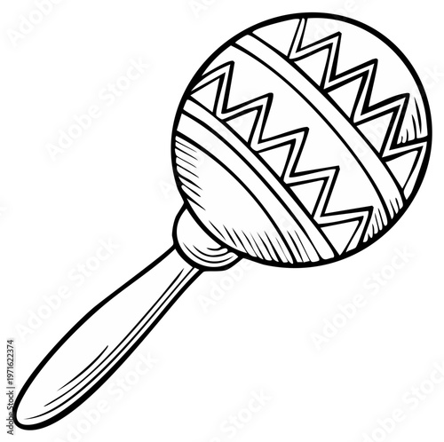 Hand-drawn maraca illustration featuring geometric pattern on the shaker head, perfect for Cinco de Mayo
